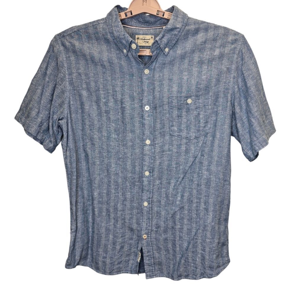Weatherproof Vintage Men's L Blue Linen Blend Short Sleeve Button-Down Shirt